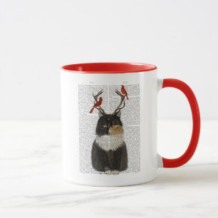 Taza Tortoiseshell Cat con pollas y aves rojas