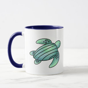 Taza tortuga marina pintada con acuarela azul verde de