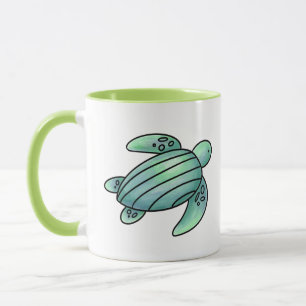 Taza tortuga marina pintada con acuarela azul verde de
