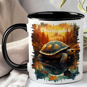 Taza Tortuga por reflexión del lago del bosque de otoño