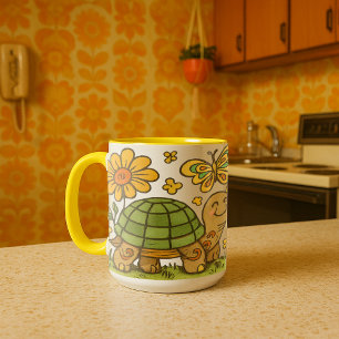 Taza Tortuga retro psicodélica feliz y hongos