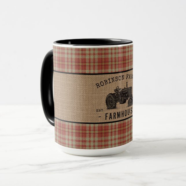 Taza Tractor de agricultura familiar Red Plaid Burlap B (Anverso izquierdo)