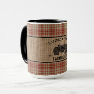 Taza Tractor Red Plaid Burlap