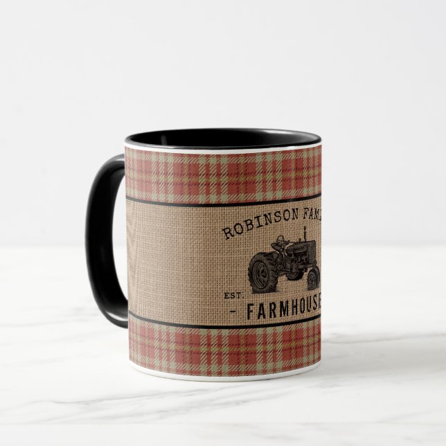 Taza Tractor Red Plaid Burlap 2 Tono (Anverso izquierdo)