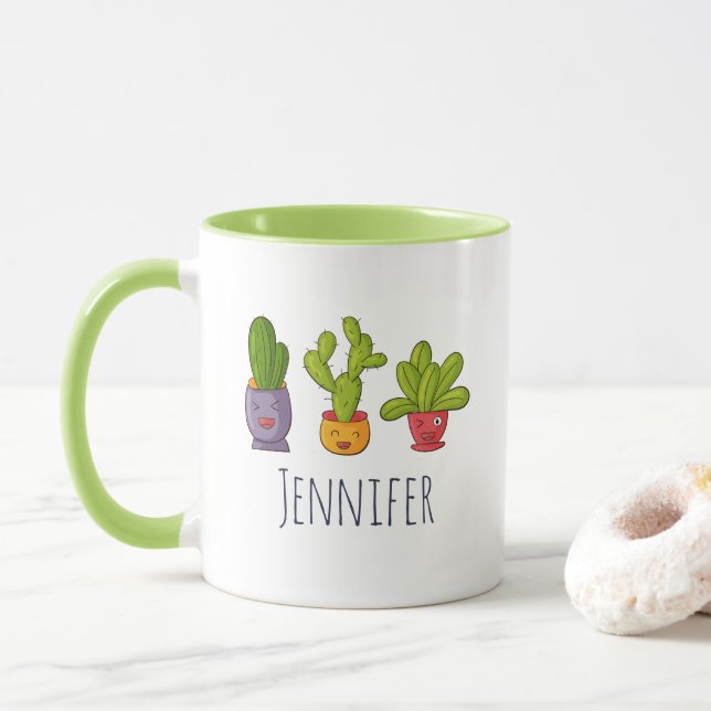 Taza Tres cactus en Ilustracion divertido de macetas de (Con donut)