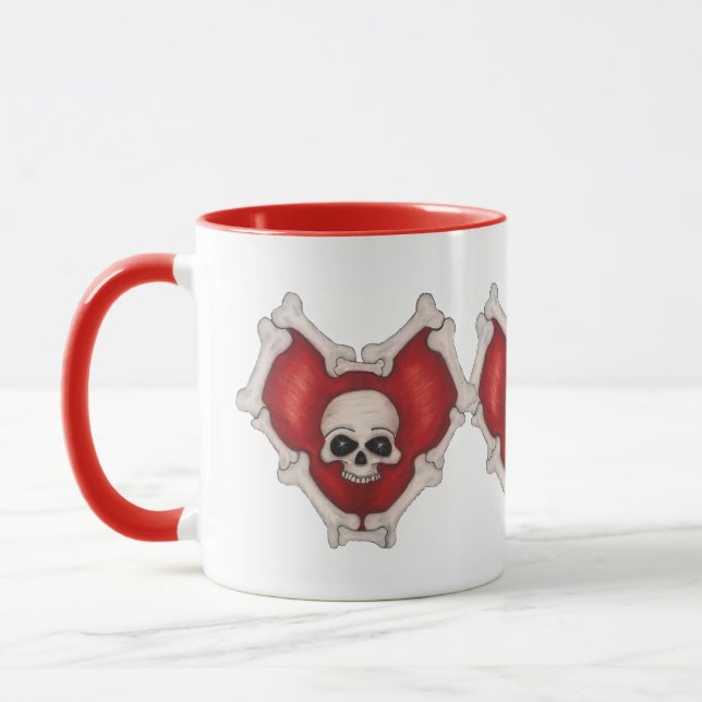 Taza Tres huesos y cráneo de corazones rojos góticos co (Izquierda)