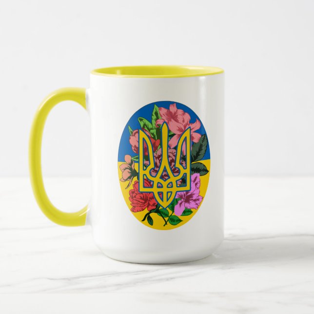 Taza Tridente ucraniano y bandera de Ucrania con flores (Izquierda)