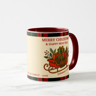 Taza Trineo de Navidad vintage con regalos y cuadros es