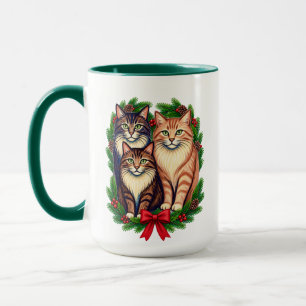 Taza Trío de gatos de Navidad con corona de siempreviva