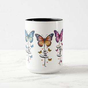 Taza Trío de mariposas coloridas con cita de Vive Ama R