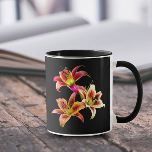 Taza Trío elegante de daylilies florales amarillas y ro