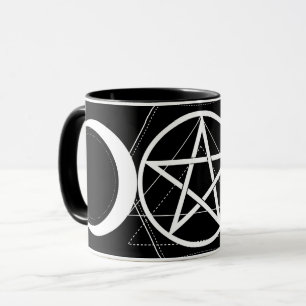Taza Triple Luna Geometría Pentagrama Wicca Negro y Bla