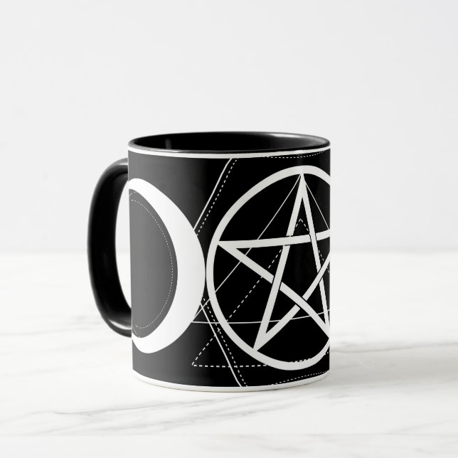 Taza Triple Luna Geometría Pentagrama Wicca Negro y Bla (Anverso izquierdo)