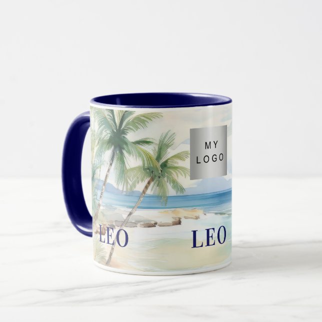 Taza Tropical beach palm trees name business logo (Anverso izquierdo)