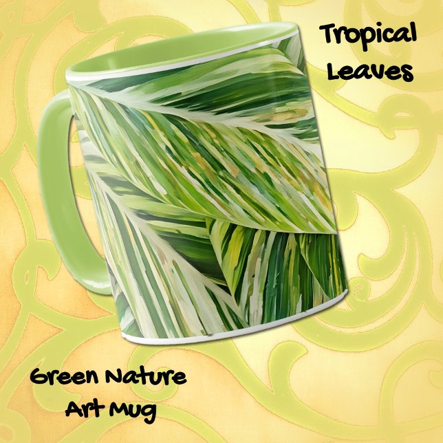 Taza Tropical deja Green Nature Art Mug Cup (Beautiful tropical plant leaves in a watercolor art style on a nice mug.)