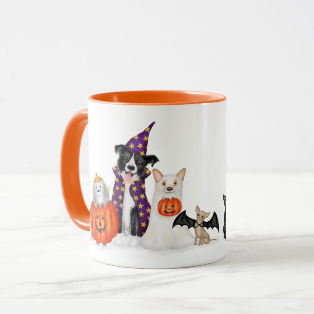 Taza ¿Truco o tratamiento? Perros con trajes de Hallowe (Anverso izquierdo)