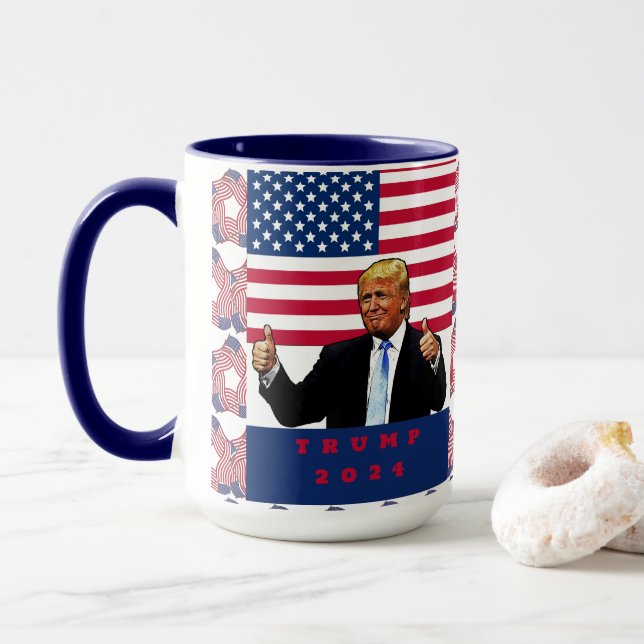 Taza Trump 2024 lanza la bandera estadounidense (Con donut)