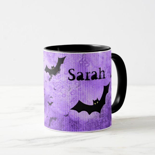 Taza Tu nombre: Halloween murmuró morado BG (Anverso derecho)