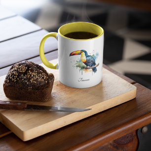 Taza Tucán en rama arte acuarela, personalizado