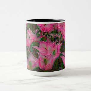 Taza Tulip Mug con tulipanes rosados oscuros abiertos