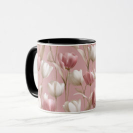 Taza Tulipán suave rosa Patrón floral blanco