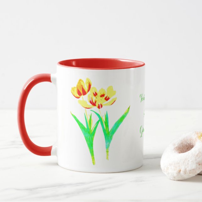 Taza Tulipanes amarillos y rojos mezclan con texto (Con donut)