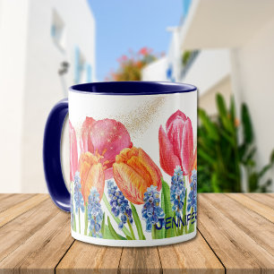 Taza Tulipanes de manantial acuarela y Purpurina de flo