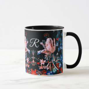 Taza TULIPANES ROSADOS BLANCOS,Monograma floral negro c