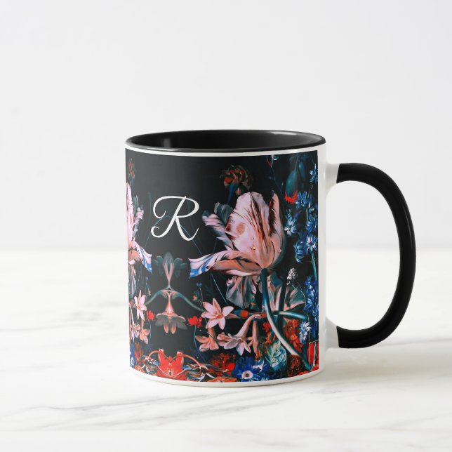 Taza TULIPANES ROSADOS BLANCOS,Monograma floral negro c (Derecha)