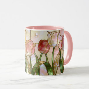 Taza Tulipanes rosados y amarillos estilo vitral