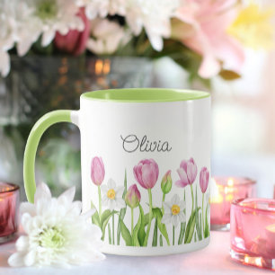 Taza Tulipanes rosados y Daffodils blancos Café Mug