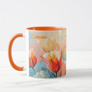 Taza Tulipanos de acuarela de nombre personalizado