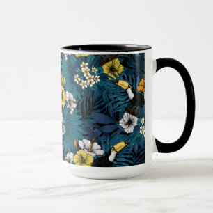 Taza Turcanos y flora tropical, azul , amarillo , naran