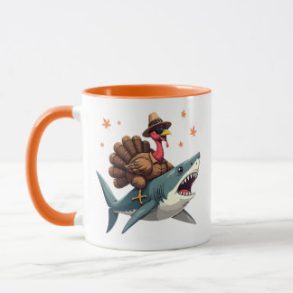 Taza Turkey Riding Shark Funny Thanksgiving