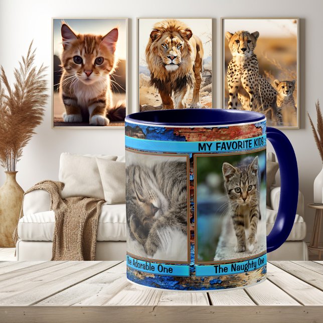 Taza Turquoise Blue Personalizado Gatos Graciosos Foto  (Funny cat photo mug with a grunge artistic turquoise blue framing - kittens optional)