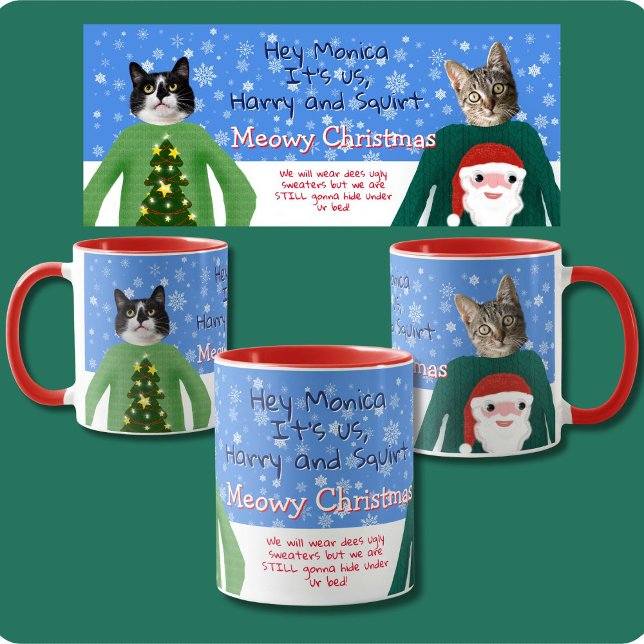 Taza Tus gatos en Navidades feos sudaderas foto Persona (Add your cats faces to a cats in Ugly Christmas Sweaters mug. Personalized their manes and greeting )