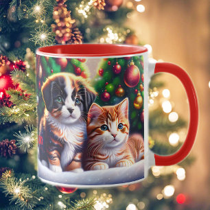 Taza Un cachorro y un gato cortos bajo el árbol de Navi