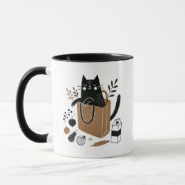 Taza Un caprichoso gato negro sentado dentro de una bol