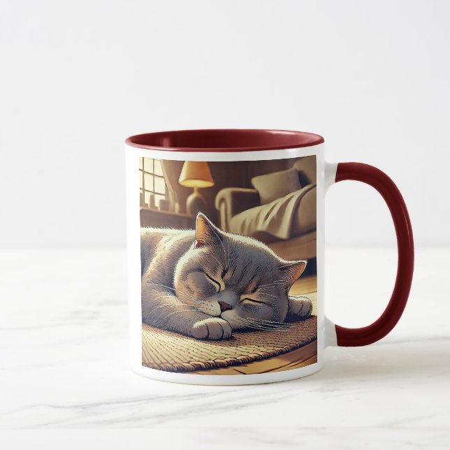 Taza Un chat gris endormi dans un salon cosy. (Derecha)
