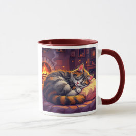 Taza Un chat gris endormi dans un salon cosy.