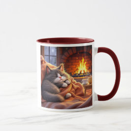 Taza Un chat gris qui dort près du feu.