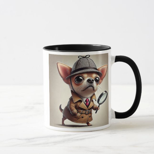 Taza Un chien chihuahua détective à la loupe.  (Derecha)