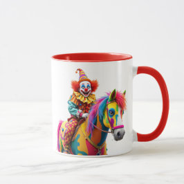 Taza Un clown monte un cheval arc-en-ciel.