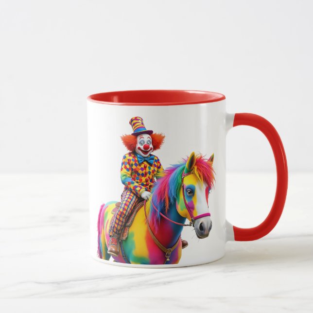 Taza Un clown rigolo monte un cheval multicolore. (Derecha)