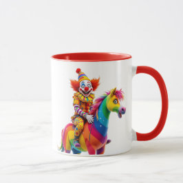 Taza Un clown sur son cheval arc en ciel.