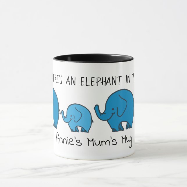 Taza Un elefante en la habitación, personalizado, azul  (Centro)