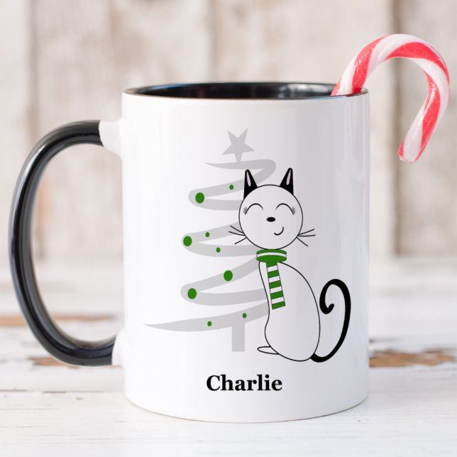 Taza Un gato lindo con Navidades de la bufanda verde (Subido por el creador)