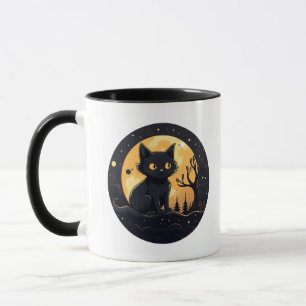 Taza Un gato negro lindo Luna llena Halloween moderno