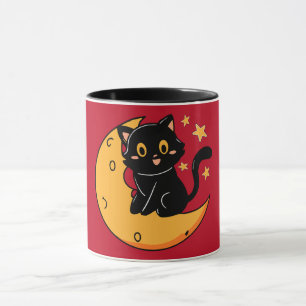 Taza Un gato negro lindo sentado en la luna