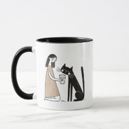 Taza Un gato negro malicioso que bebe del vidrio del se